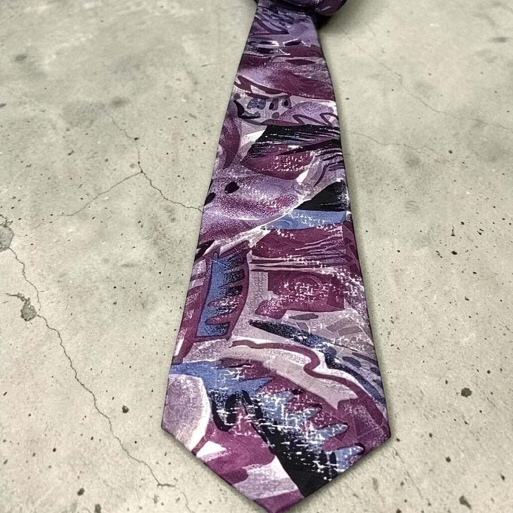 Vtg 90s Bugatti Mens Silk Tie Purple Abstract Geometric Brushstroke Italian Silk